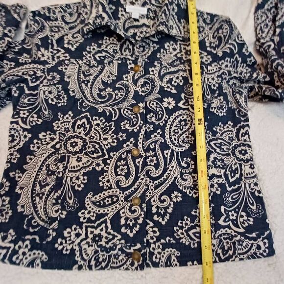 CHARTER CLUB Denim Jacket Blue White Floral Paisley Button Front Size M - Picture 9 of 9